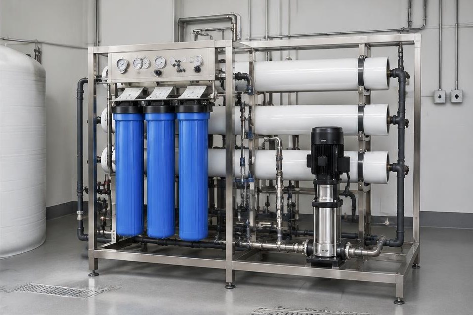 Commercial RO system with blue filters, white membrane vessels, pipes and stainless steel frame