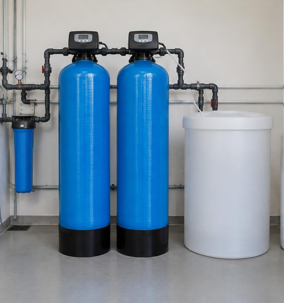 Commercial softener with twin blue resin vessels, control valves and white brine tank
