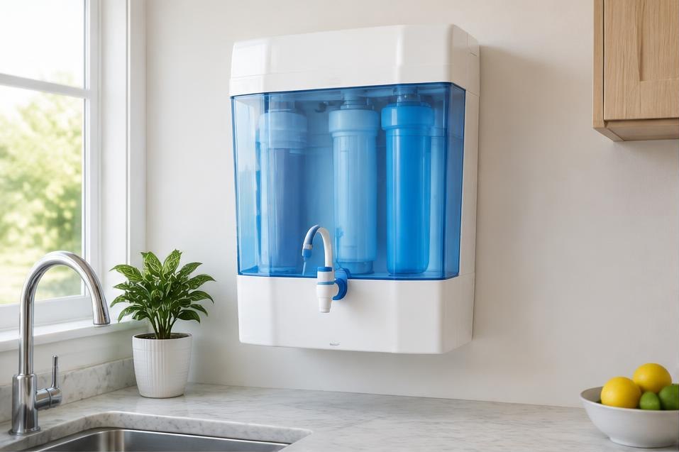 White wall-mounted domestic RO purifier with blue filter reservoir in a bright kitchen