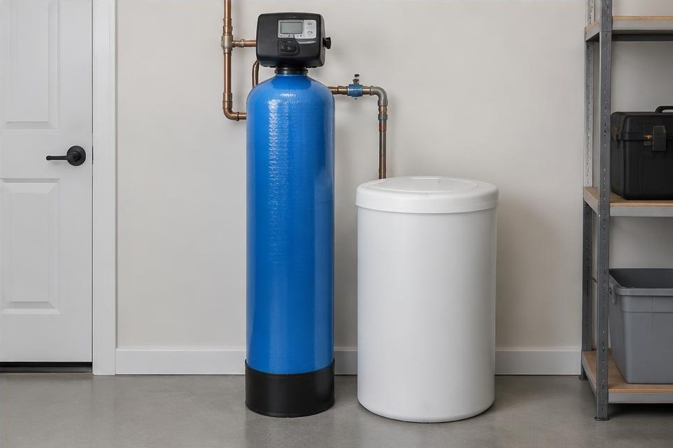 Domestic water softener with blue resin vessel, control valve and separate white brine tank