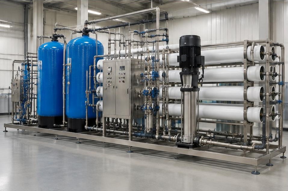 Industrial reverse osmosis plant with blue vessels, membrane cylinders and steel piping