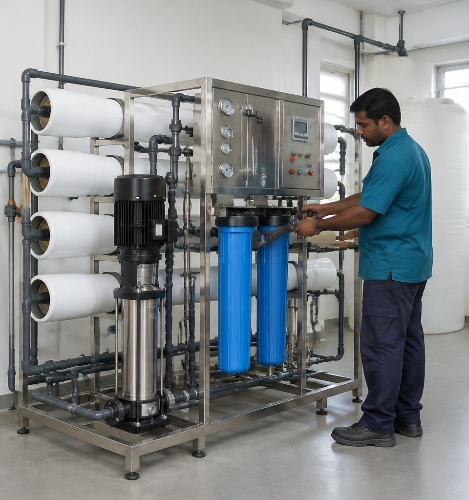 Technician servicing the filter housings on commercial RO water treatment equipment